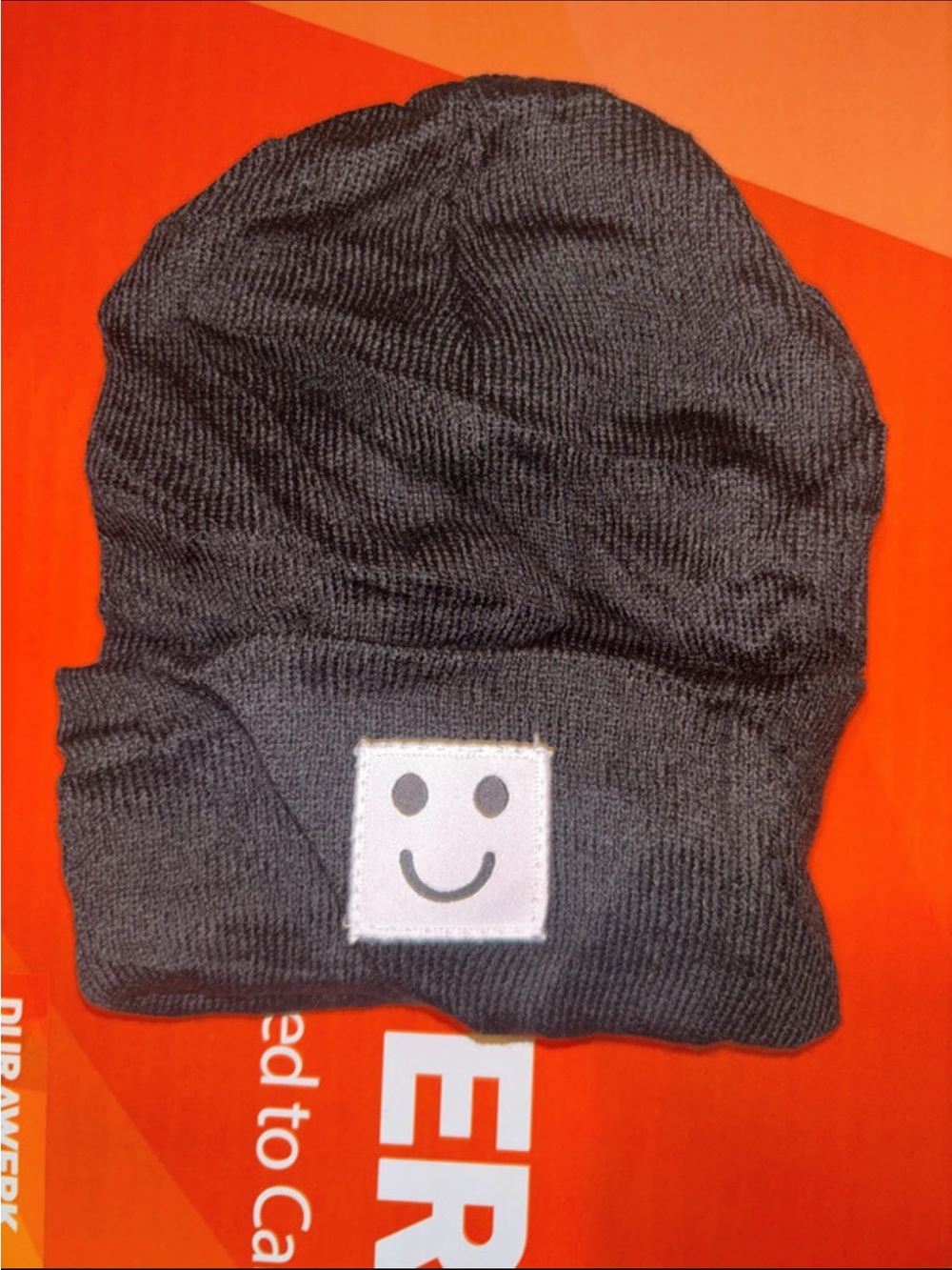 Kids Black Beanie Hat with Smiley Patch